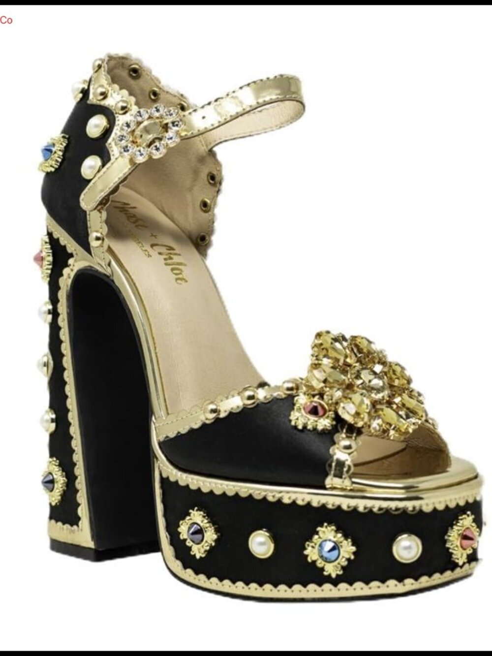 Jeweled Platform Block High Heels Chunky Ankle Strap Sandals Faux Leather
